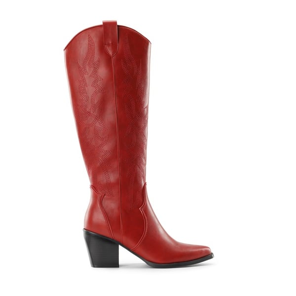 Dallas Embroidered Western Cowboy Knee High Boots - RED - 2